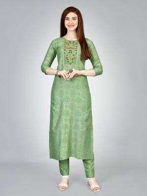 Women embroidered rayon pista green kurta pant set 1