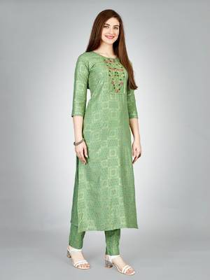 Women embroidered rayon pista green kurta pant set 3