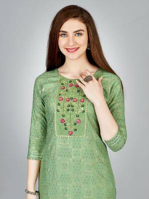Women embroidered rayon pista green kurta pant set 5