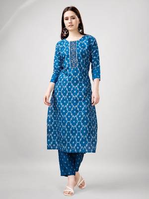 Blue cotton embroidered kurta with pant  1