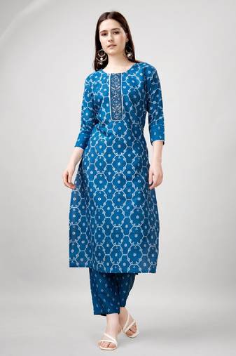 Blue cotton embroidered kurta with pant 