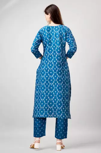 Blue cotton embroidered kurta with pant 