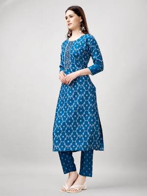 Blue cotton embroidered kurta with pant  3