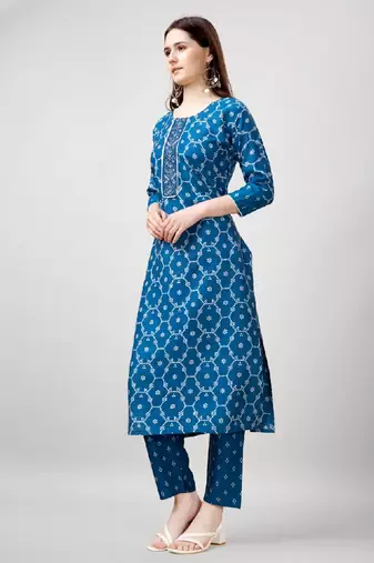 Blue cotton embroidered kurta with pant 