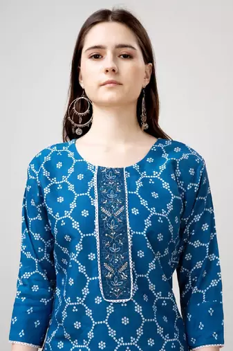 Blue cotton embroidered kurta with pant 