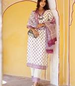 Off-white cotton embroidered kurta with pant & dupatta