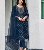 Blue cotton embroidered kurta with pant & dupatta