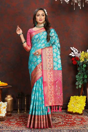 Firozi Organza Silk Woven Design With Rich Meenakari Weaving Pallu Saree
