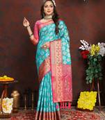 Firozi Organza Silk Woven Design With Rich Meenakari Weaving Pallu Saree