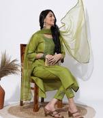 Green cotton embroidered kurta with pant & dupatta