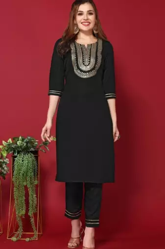 Black cotton embroidered kurta with pant & dupatta