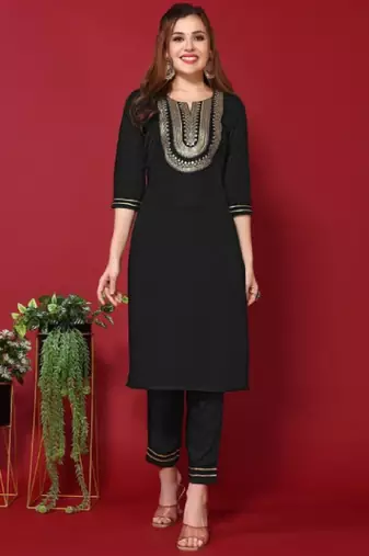 Black cotton embroidered kurta with pant & dupatta