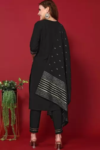 Black cotton embroidered kurta with pant & dupatta