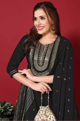 Black cotton embroidered kurta with pant & dupatta