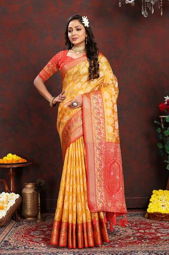 Gold Organza Silk Woven Design With Rich Meenakari Weaving Pallu Saree