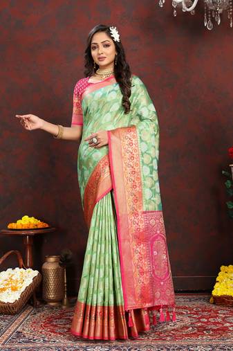 Pista Organza Silk Woven Design With Rich Meenakari Weaving Pallu Saree
