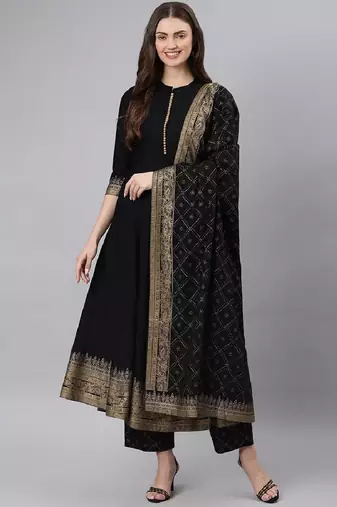 Women's Black Cotton Printed Kurta Pant Set