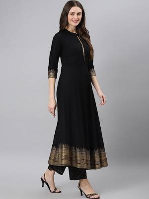 Women's Black Cotton Printed Kurta Pant Set 3