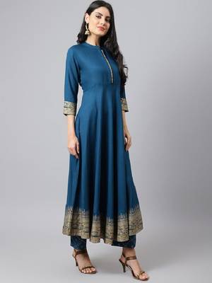 Blue Rayon cotton printed kurta set 3