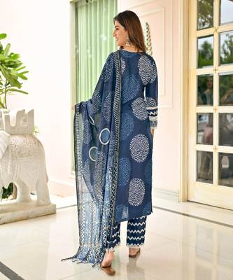 Blue cotton printed kurta with pant & dupatta 4