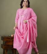 Pink cotton embroidered kurta with pant & dupatta