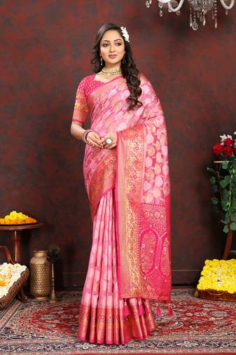 Pink Organza Silk Woven Design With Rich Meenakari Weaving Pallu Saree