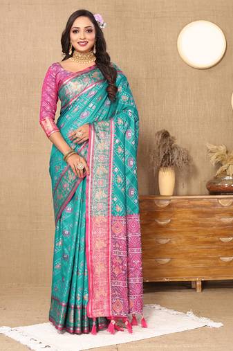Firozi Patola Silk Woven Design With Zari Meenakari Weaving Motifs Motifs Pallu Saree
