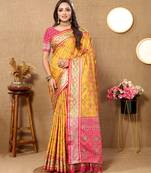 Gold Patola Silk Woven Design With Zari Meenakari Weaving Motifs Pallu Saree