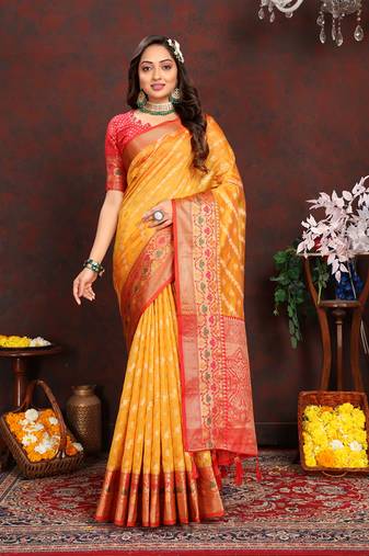 Gold Organza Silk Woven Design With Rich Meenakari Weaving Pallu Saree