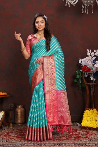 Firozi Organza Silk Woven Design With Rich Meenakari Weaving Pallu Saree