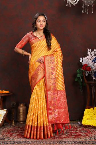 Gold Organza Silk Woven Design With Rich Meenakari Weaving Pallu Saree