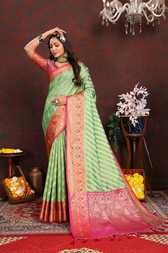 Green Organza Silk Woven Design With Rich Meenakari Weaving Pallu Saree