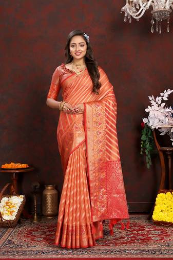 Orange Organza Silk Woven Design With Rich Meenakari Weaving Pallu Saree