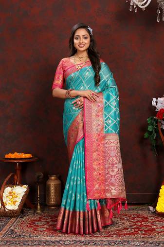 Firozi Organza Silk Woven Design With Rich Meenakari Weaving Pallu Saree