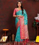 Firozi Organza Silk Woven Design With Rich Meenakari Weaving Pallu Saree