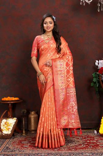 Orange Organza Silk Woven Design With Rich Meenakari Weaving Pallu Saree