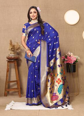 Blue Soft Paithani Silk Woven Design Rich Zari Meenakari Weaving Saree 1