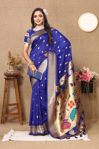 Blue Soft Paithani Silk Woven Design Rich Zari Meenakari Weaving Saree