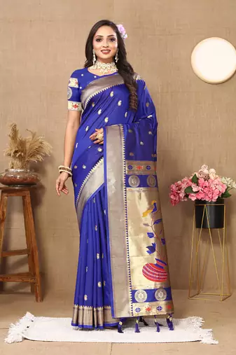 Blue Soft Paithani Silk Woven Design Rich Zari Meenakari Weaving Saree