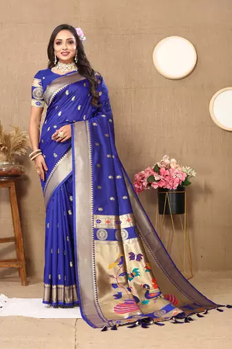 Blue Soft Paithani Silk Woven Design Rich Zari Meenakari Weaving Saree