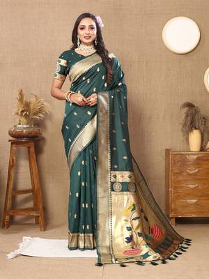 Green Soft Paithani Silk Woven Design Rich Zari Meenakari Weaving Saree 3