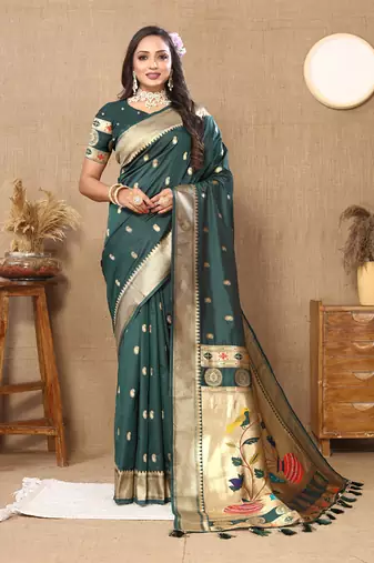 Green Soft Paithani Silk Woven Design Rich Zari Meenakari Weaving Saree