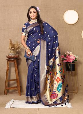 Navyblue Soft Paithani Silk Woven Design Rich Zari Meenakari Weaving Saree 1