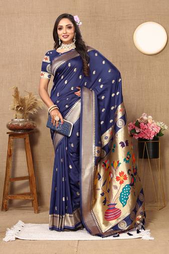 Navyblue Soft Paithani Silk Woven Design Rich Zari Meenakari Weaving Saree