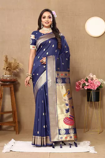 Navyblue Soft Paithani Silk Woven Design Rich Zari Meenakari Weaving Saree