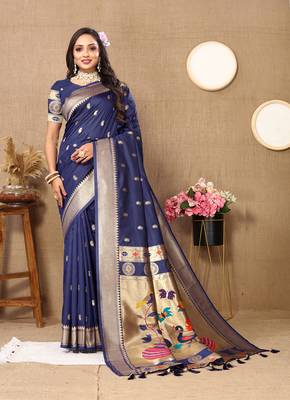 Navyblue Soft Paithani Silk Woven Design Rich Zari Meenakari Weaving Saree 3