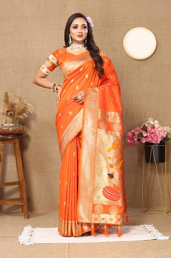 Orange Soft Paithani Silk Woven Design Rich Zari Meenakari Weaving Saree