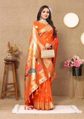 Orange Soft Paithani Silk Woven Design Rich Zari Meenakari Weaving Saree 3