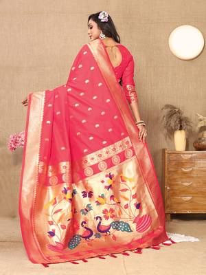 Pink Soft Paithani Silk Woven Design Rich Zari Meenakari Weaving Saree 3