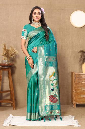 Rama Soft Paithani Silk Woven Design Rich Zari Meenakari Weaving Saree